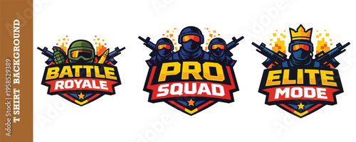 Colorful gaming team logos with soldiers and vibrant text for battle royale pro squad and elite mode isolated
