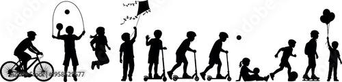 Black silhouettes of children playing outdoors, kids riding bikes and scooters, flying kites and jumping rope, active childhood vector set.