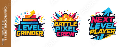 Colorful retro gaming logo collection featuring vibrant pixel art and bold typography designs perfect for esports teams streamers and gamers