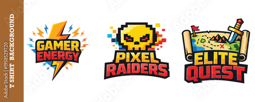 Colorful retro gaming logo collection featuring vibrant pixel art and energetic designs for esports teams and enthusiasts