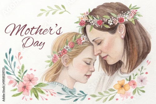 Heartwarming Mother and Daughter Embrace with Floral Decorations for Mother's Day Celebration