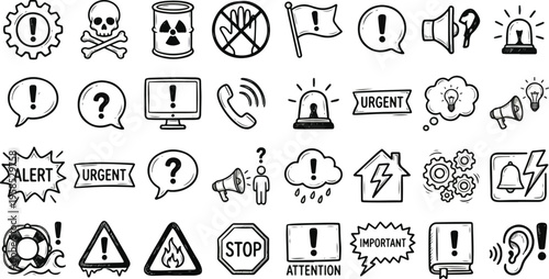 Hand-Drawn Emergency and Hazard Icon Set, Hand Drawn Vector Icon Set of Emergency Hazard Warnings Alert Symbols and Danger Signs