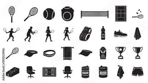 Comprehensive collection of tennis icons and equipment illustrations