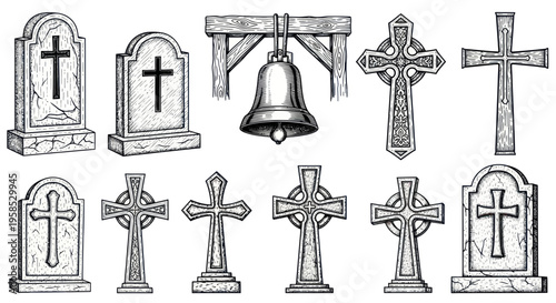 Graveyard Stone Collection: Tombstones and Celtic Crosses with Bell