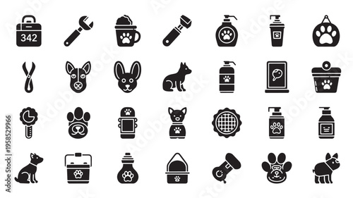 Comprehensive collection of pet grooming and care icons featuring dogs and cats
