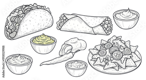 Hand-drawn Mexican Food Icons: Tacos, Burrito, Nachos, Guacamole, Salsa