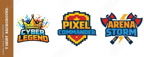 Colorful retro gaming logos featuring pixel art designs with vibrant typography and icons isolated on background