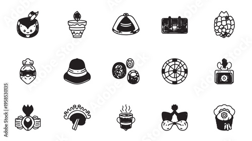 Whimsical icons depicting various objects and characters in a stylized manner