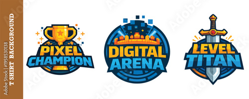 Colorful retro gaming logos featuring pixel art trophy sword and arena icons isolated design for esports and video game enthusiasts