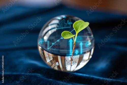 Foto A young green plant growing inside a crystal ball reflecting financial charts an