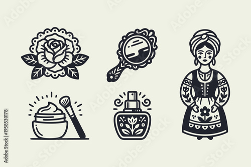 Set of Folk Art Beauty and Traditional Cosmetic Vector Icons