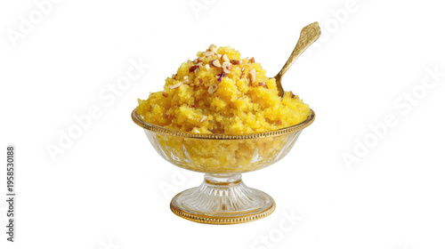 Delicious yellow Indian semolina halwa served in a golden-rimmed glass bowl with nuts and a decorative spoon