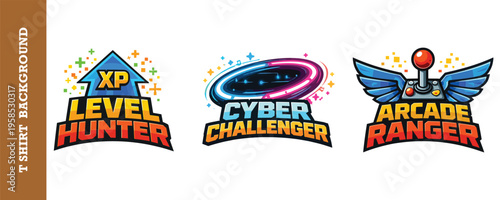 Colorful retro gaming logos featuring vibrant designs with level up and arcade themes perfect for esports events and video game tournaments