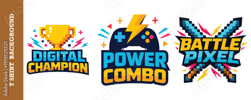 Colorful retro gaming t shirt design collection featuring pixel art trophies gamepads and explosive text isolated
