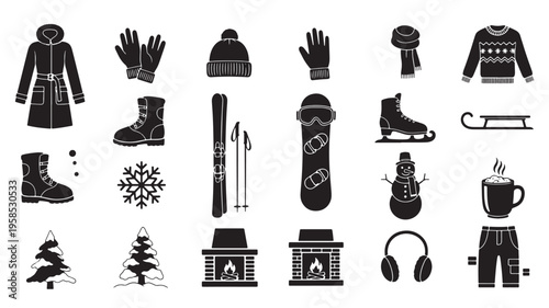 Black silhouette icons of winter clothing and accessories including gloves, hats, boots, and scarves on white.