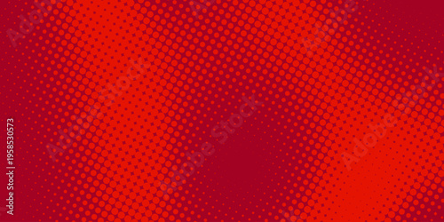 Bright crimson red pop art background in retro comics book style. Cartoon superhero background with halftone dots gradient