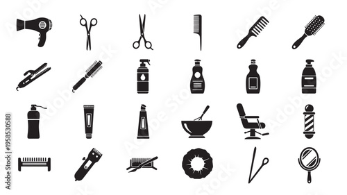 Set of black silhouette icons showing salon tools and beauty products for hair styling and care.