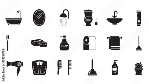 Comprehensive collection of bathroom essentials icons in black and white