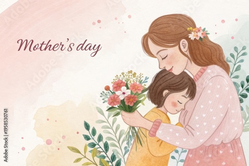 Heartwarming Mother and Child Embrace with Flowers on Mother's Day Celebration Art