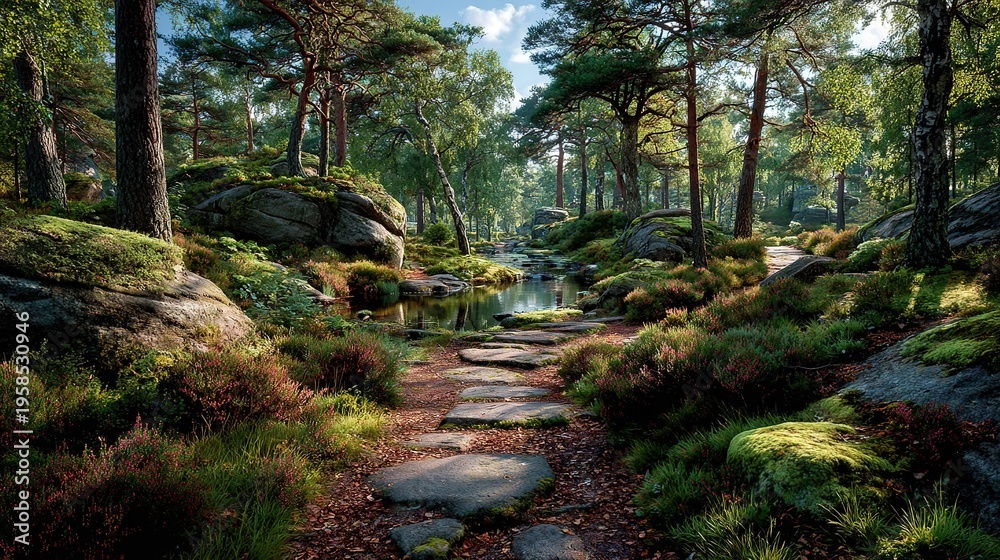 Obraz premium Sun-Dappled Winding Trail Through Lush Pine Forest, Framed by Vibrant Wildflowers and Mossy Boulders, Serene Woodland Landscape for Hiking, Relaxation, Scenic Wall Art, and Background Projects