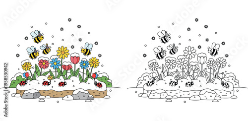 Busy Bees and Ladybugs in a Flowerbed with Snowflakes - Coloring Page Included