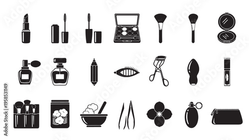 Collection of beauty and grooming tools and products in a minimalist black and white style