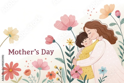 Heartwarming Mother's Day Illustration of a Loving Embrace with Colorful Floral Elements