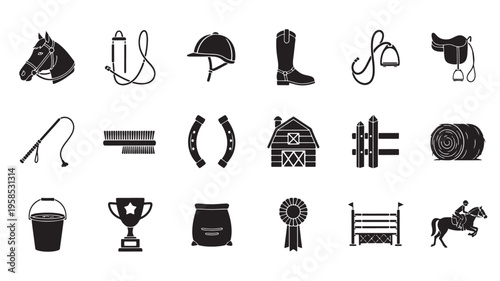 Isolated equestrian icons including horse, saddle, riding boots, and trophy on white background.