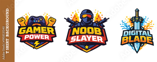 Colorful vibrant gaming logos featuring game controller soldier and sword themes for esports teams and enthusiasts  perfect for t shirt designs and digital media isolated on transparent background