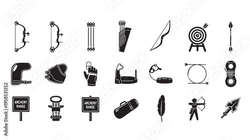 Comprehensive collection of archery equipment and symbols