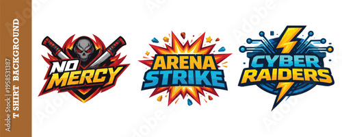 Colorful vibrant gaming logos featuring bold typography and dynamic explosive effects for esports teams and tshirt designs