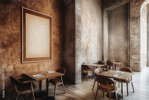 Minimalistic framed poster in vintage restaurant setting for interior design inspiration