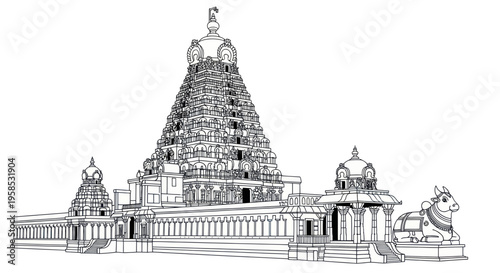 Detailed Outline Drawing of Majestic Hindu Temple Complex with Intricate Architecture