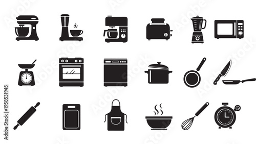 Collection of kitchen appliances and utensils icons for culinary enthusiasts