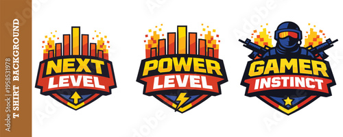Colorful vibrant gaming logos with next level power level and gamer instinct designs isolated on transparent background perfect for esports teams and gaming merchandise