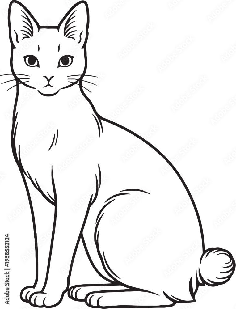 Obraz premium Japanese Bobtail Cat Sitting Line Art Illustration Isolated Black And White Vector Feline Portrait Pose
