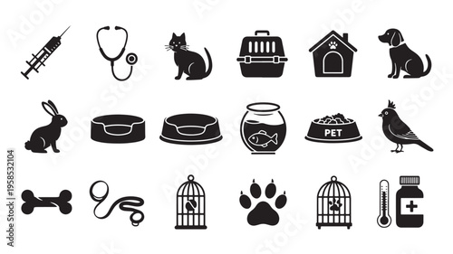 Collection of icons related to veterinary care and pet accessories
