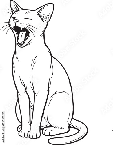 Havana Brown cat yawning line art black and white feline tired gesture vector illustration