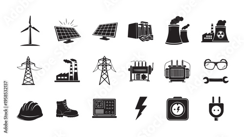 Icons representing various aspects of energy production, transmission, and safety measures