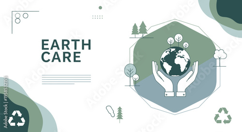 Hands cradle Earth with recycling symbols and trees around it