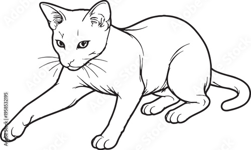 Havana Brown cat batting paw line art black and white playful feline swipe pose vector illustration