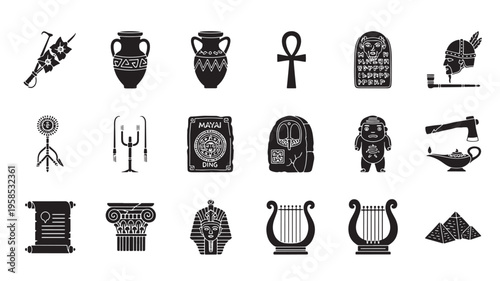 Ancient symbols and artifacts from various historical civilizations
