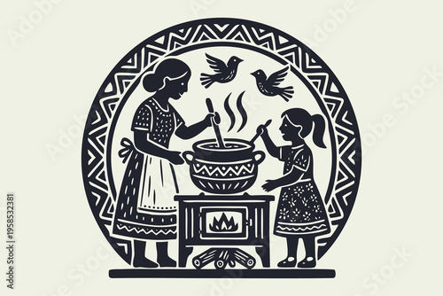 Mother and Daughter Cooking Together Folk Art Illustration
