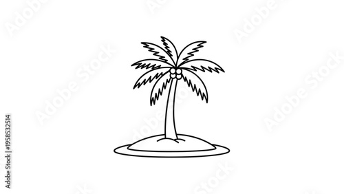 Simple black line art illustration of a lone palm tree with coconuts standing on a small round island in the middle of water.