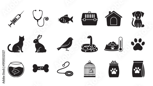 Collection of icons related to pets and veterinary care essentials