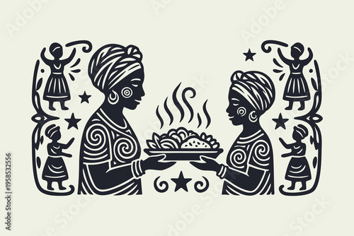 African Women Sharing Traditional Food Linocut Style Illustration