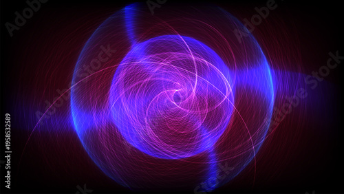 Abstract electricity spiral line. Energy wave and light ball. Internet quantum technology. Blue and purple gradient