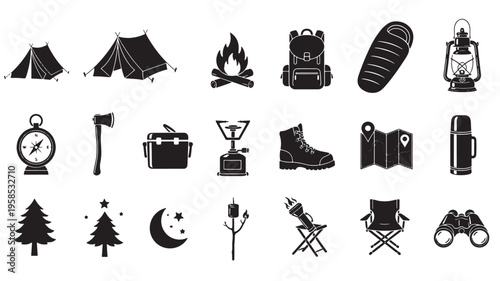 camping and outdoor adventure essentials flat design vector illustration