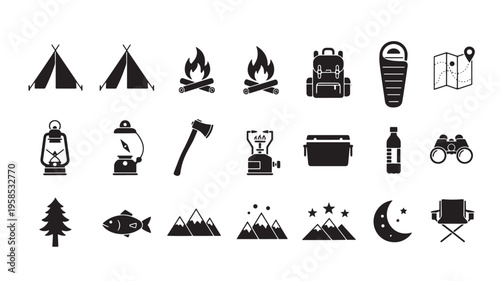 Essential icons for a camping and outdoor adventure theme