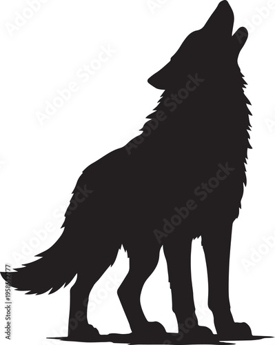  Black silhouette of a wolf standing on all fours with its head raised in a classic howling pose. The jagged fur edges and upright posture evoke wilderness, solitude, and primal communication. Minimal